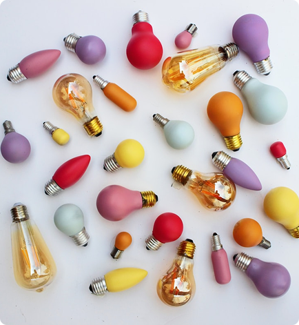 Colorful light bulbs in various shapes and colors